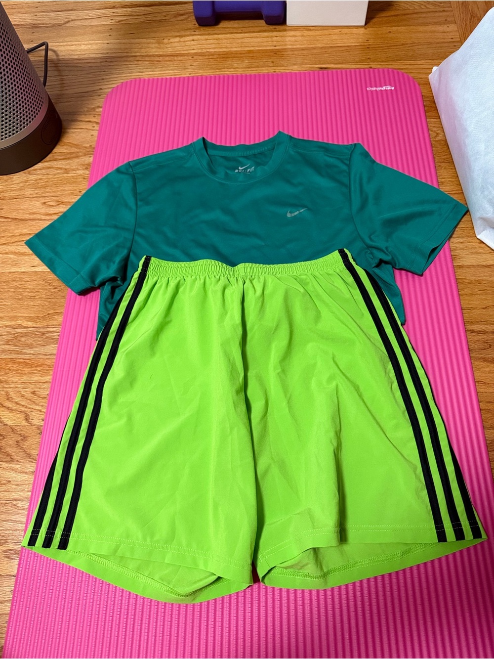 Nike Teal Performance Tee with Adidas Neon Lime Athletic Shorts